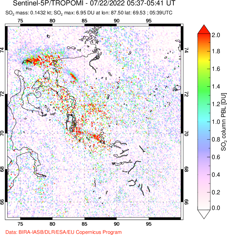 A sulfur dioxide image over Norilsk, Russian Federation on Jul 22, 2022.