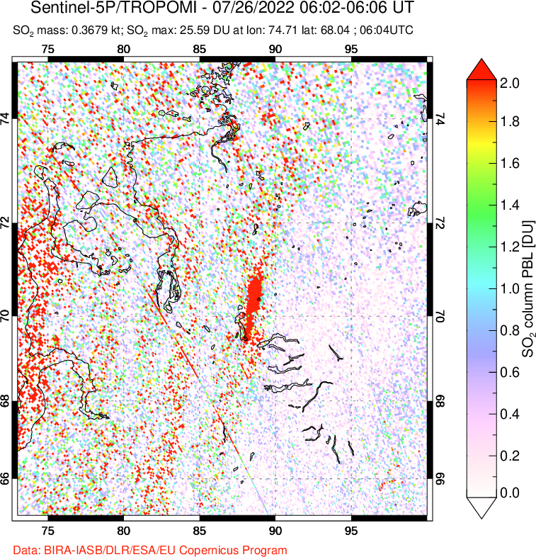 A sulfur dioxide image over Norilsk, Russian Federation on Jul 26, 2022.