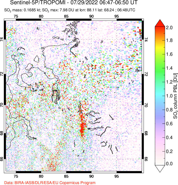 A sulfur dioxide image over Norilsk, Russian Federation on Jul 29, 2022.
