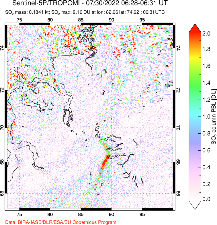 A sulfur dioxide image over Norilsk, Russian Federation on Jul 30, 2022.