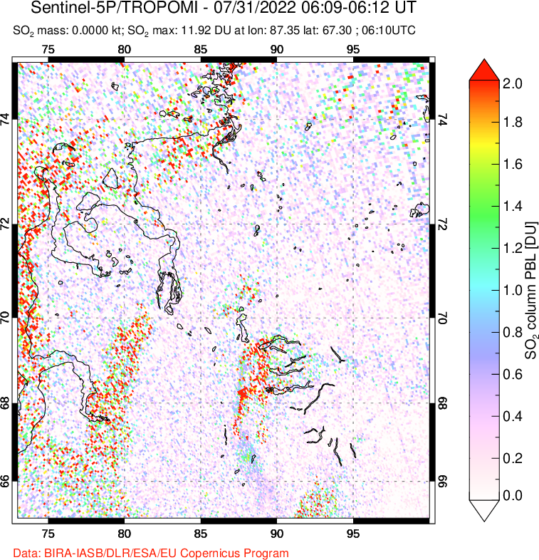 A sulfur dioxide image over Norilsk, Russian Federation on Jul 31, 2022.
