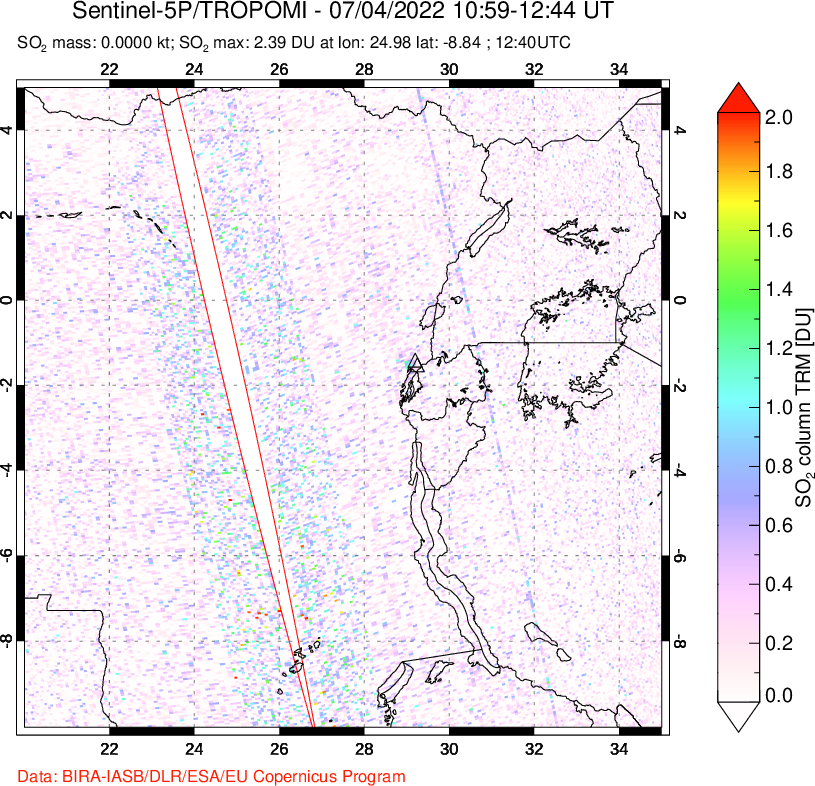 A sulfur dioxide image over Nyiragongo, DR Congo on Jul 04, 2022.