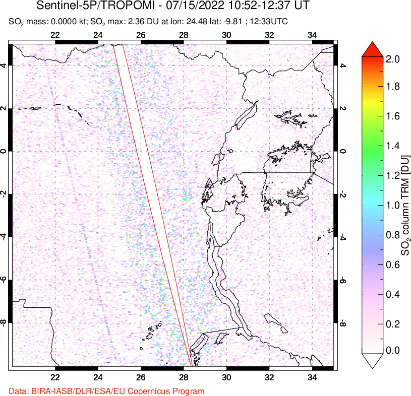 A sulfur dioxide image over Nyiragongo, DR Congo on Jul 15, 2022.