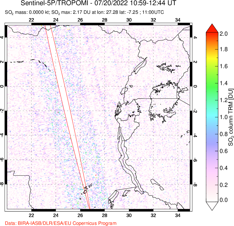A sulfur dioxide image over Nyiragongo, DR Congo on Jul 20, 2022.