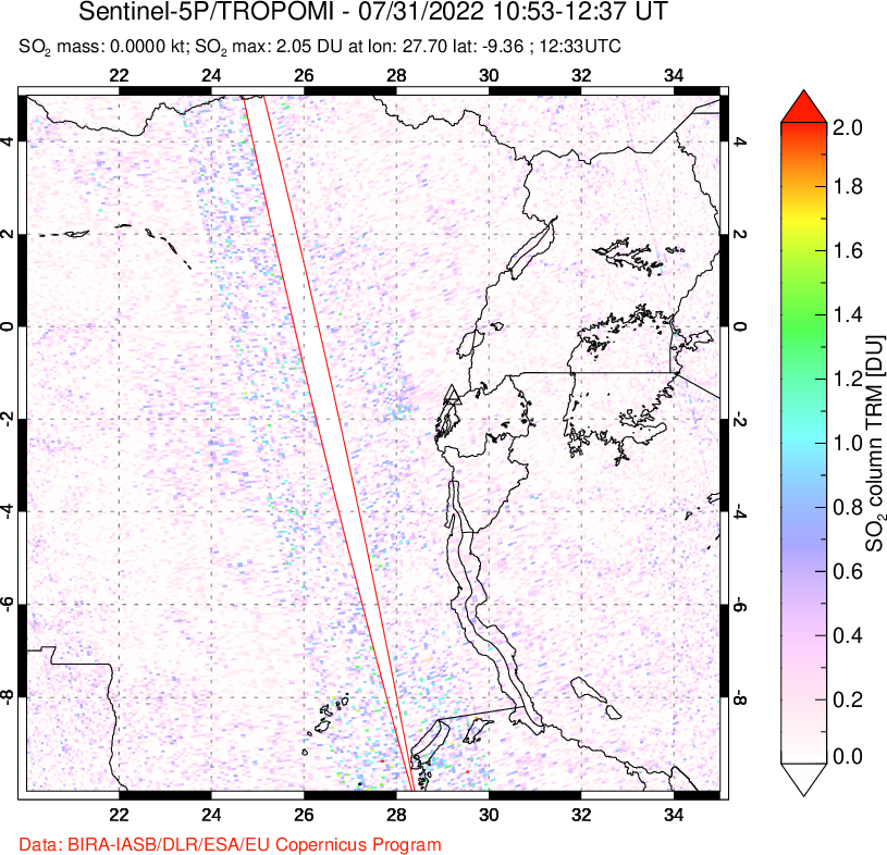 A sulfur dioxide image over Nyiragongo, DR Congo on Jul 31, 2022.