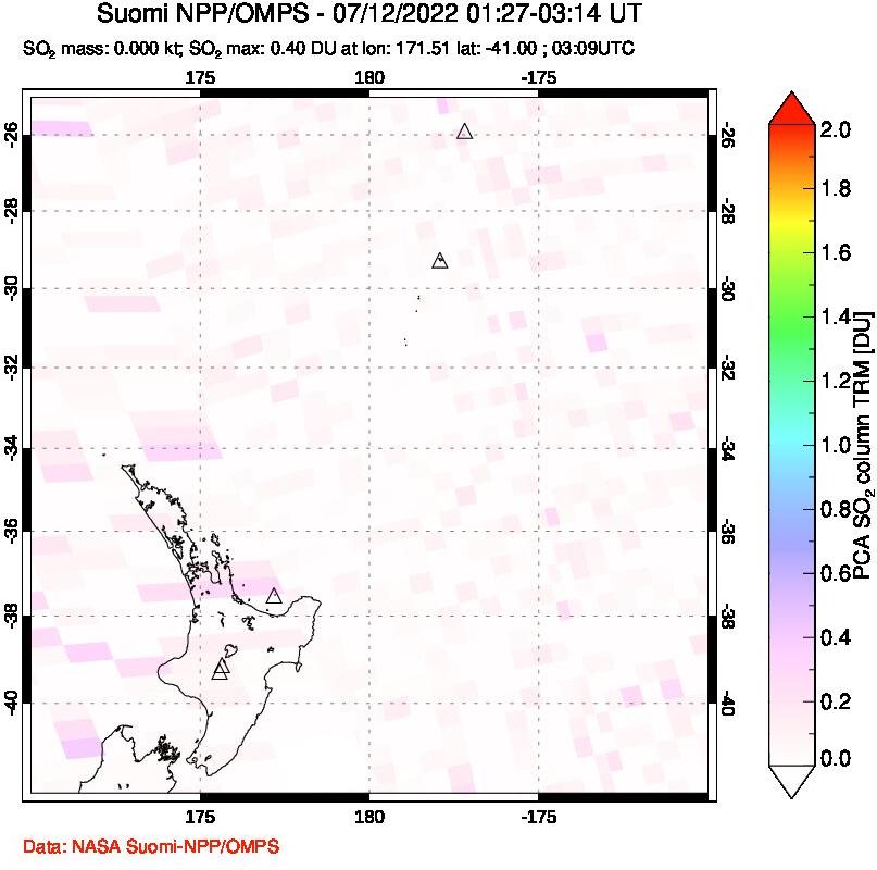 A sulfur dioxide image over New Zealand on Jul 12, 2022.