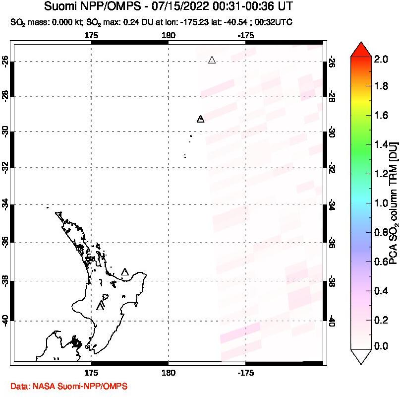 A sulfur dioxide image over New Zealand on Jul 15, 2022.