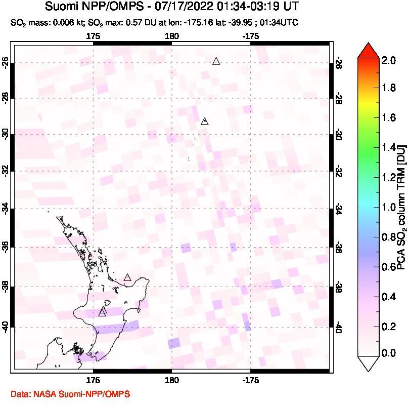 A sulfur dioxide image over New Zealand on Jul 17, 2022.