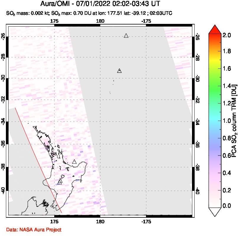 A sulfur dioxide image over New Zealand on Jul 01, 2022.