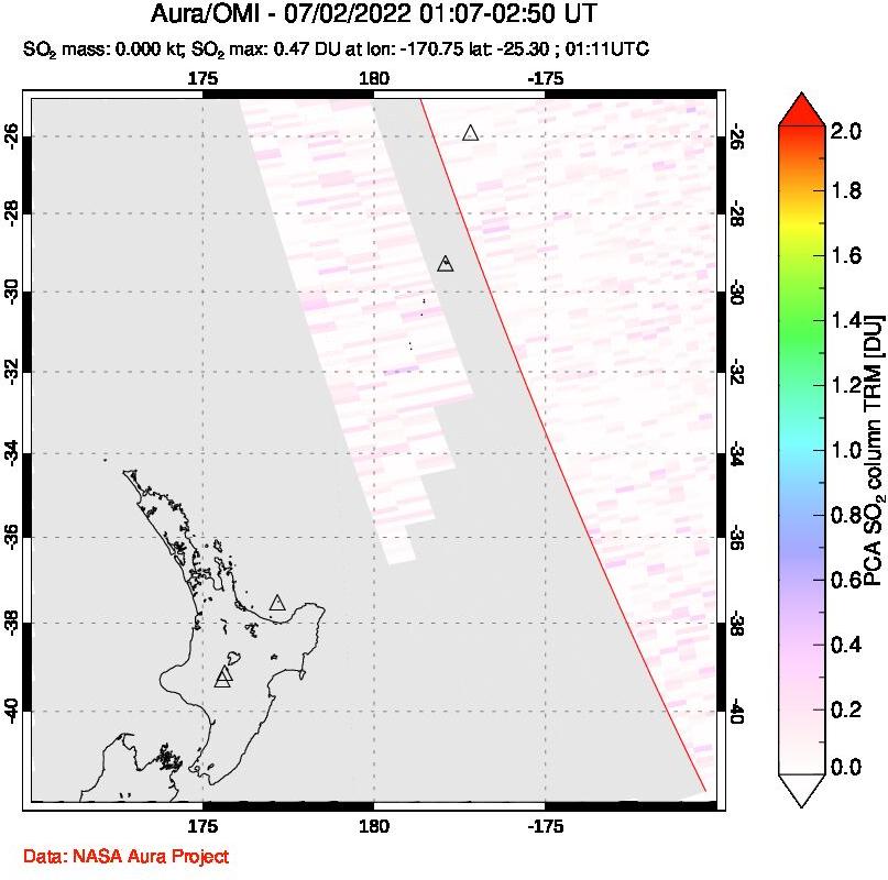 A sulfur dioxide image over New Zealand on Jul 02, 2022.