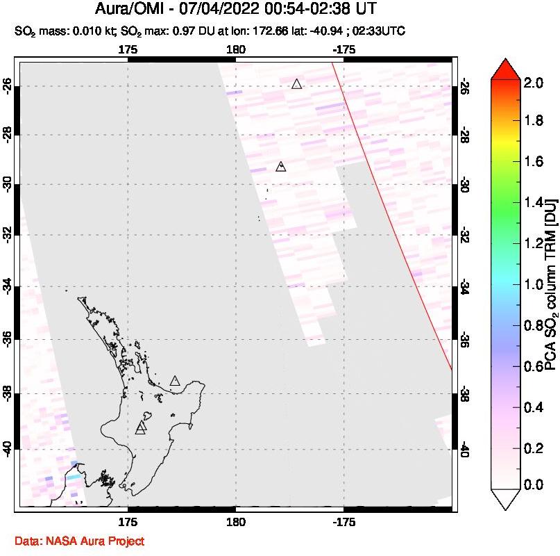 A sulfur dioxide image over New Zealand on Jul 04, 2022.