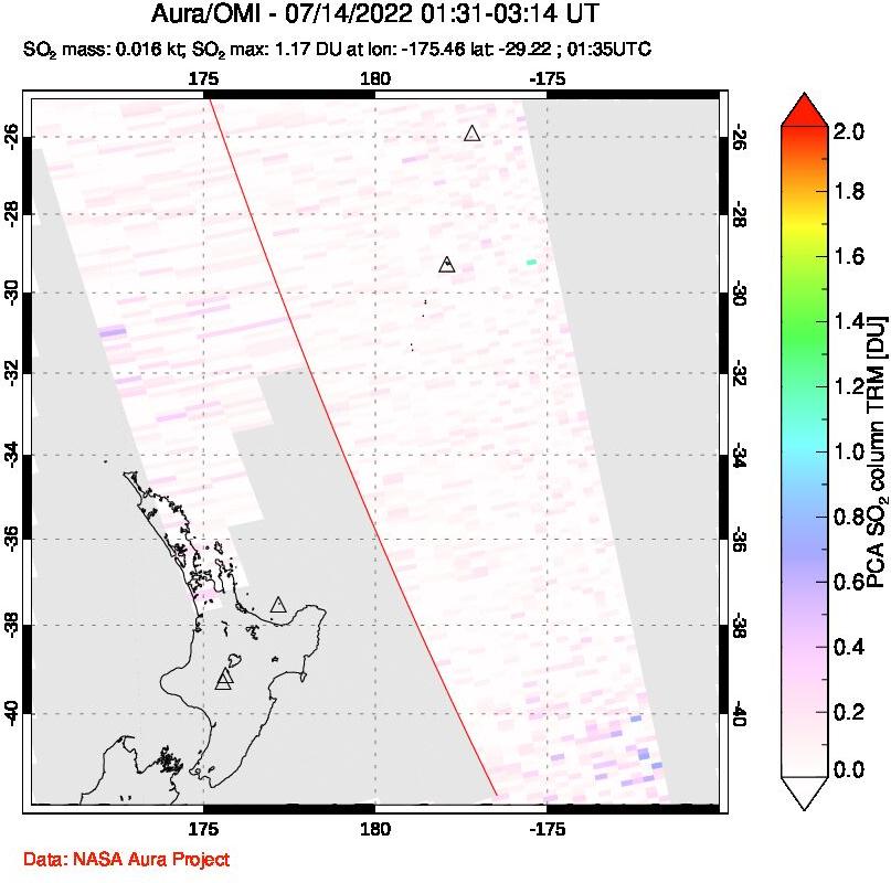 A sulfur dioxide image over New Zealand on Jul 14, 2022.
