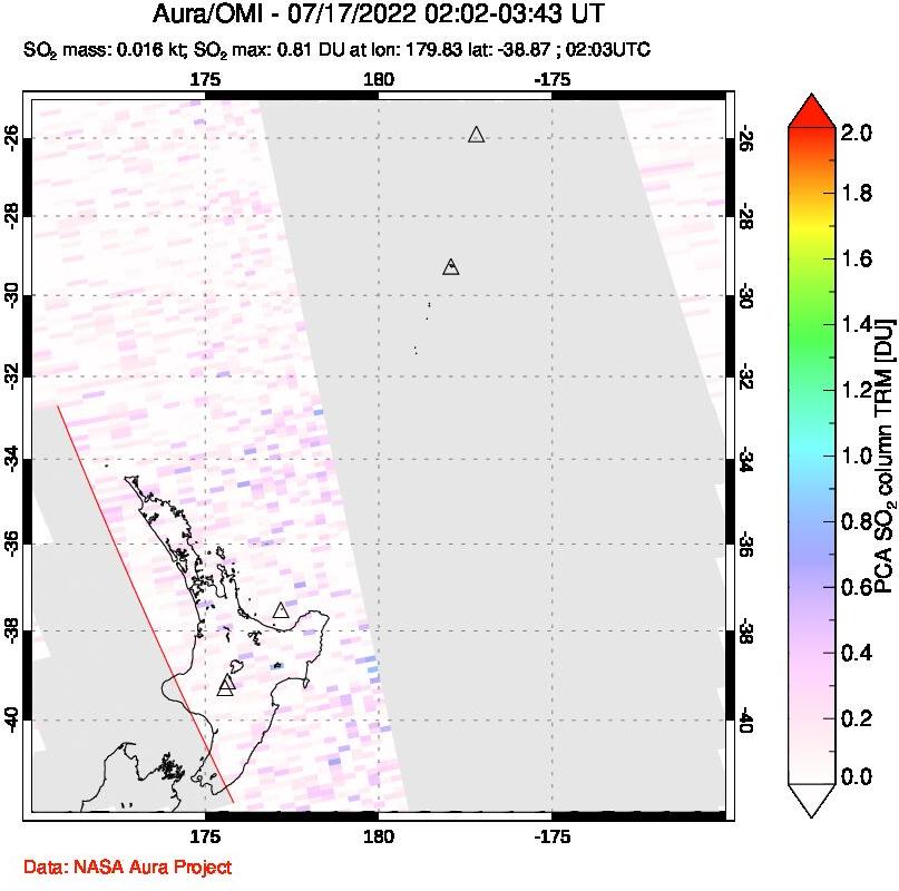 A sulfur dioxide image over New Zealand on Jul 17, 2022.