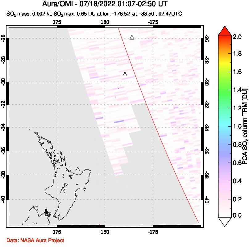 A sulfur dioxide image over New Zealand on Jul 18, 2022.