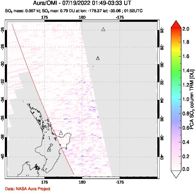 A sulfur dioxide image over New Zealand on Jul 19, 2022.
