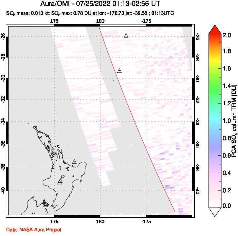 A sulfur dioxide image over New Zealand on Jul 25, 2022.