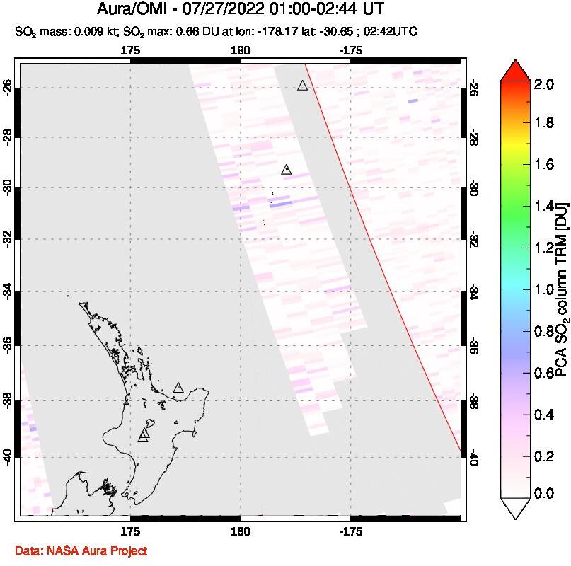 A sulfur dioxide image over New Zealand on Jul 27, 2022.