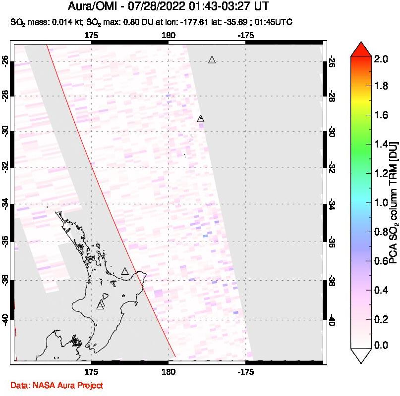 A sulfur dioxide image over New Zealand on Jul 28, 2022.