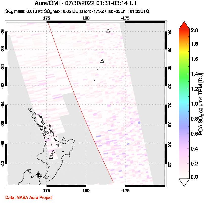 A sulfur dioxide image over New Zealand on Jul 30, 2022.
