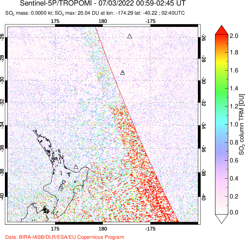 A sulfur dioxide image over New Zealand on Jul 03, 2022.