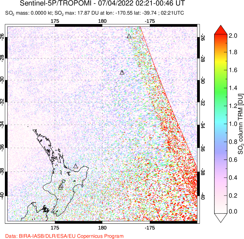A sulfur dioxide image over New Zealand on Jul 04, 2022.