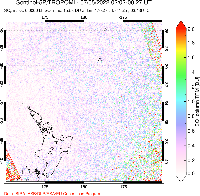 A sulfur dioxide image over New Zealand on Jul 05, 2022.