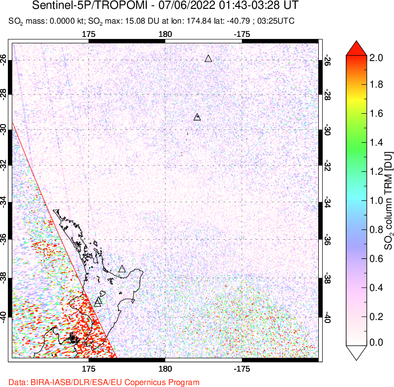 A sulfur dioxide image over New Zealand on Jul 06, 2022.