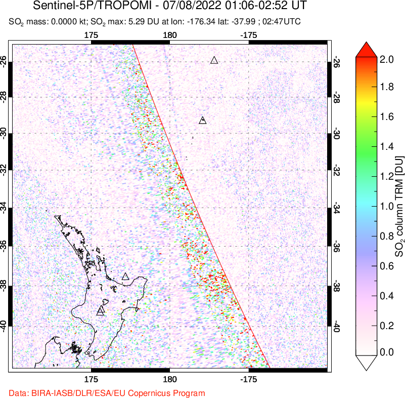 A sulfur dioxide image over New Zealand on Jul 08, 2022.