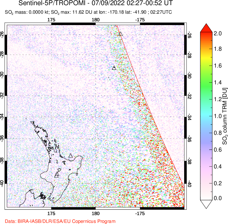 A sulfur dioxide image over New Zealand on Jul 09, 2022.