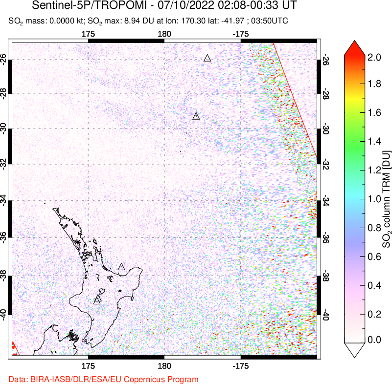 A sulfur dioxide image over New Zealand on Jul 10, 2022.