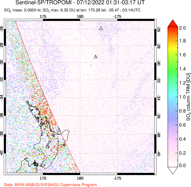 A sulfur dioxide image over New Zealand on Jul 12, 2022.