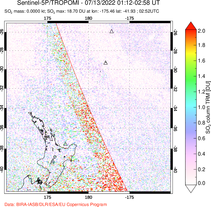 A sulfur dioxide image over New Zealand on Jul 13, 2022.