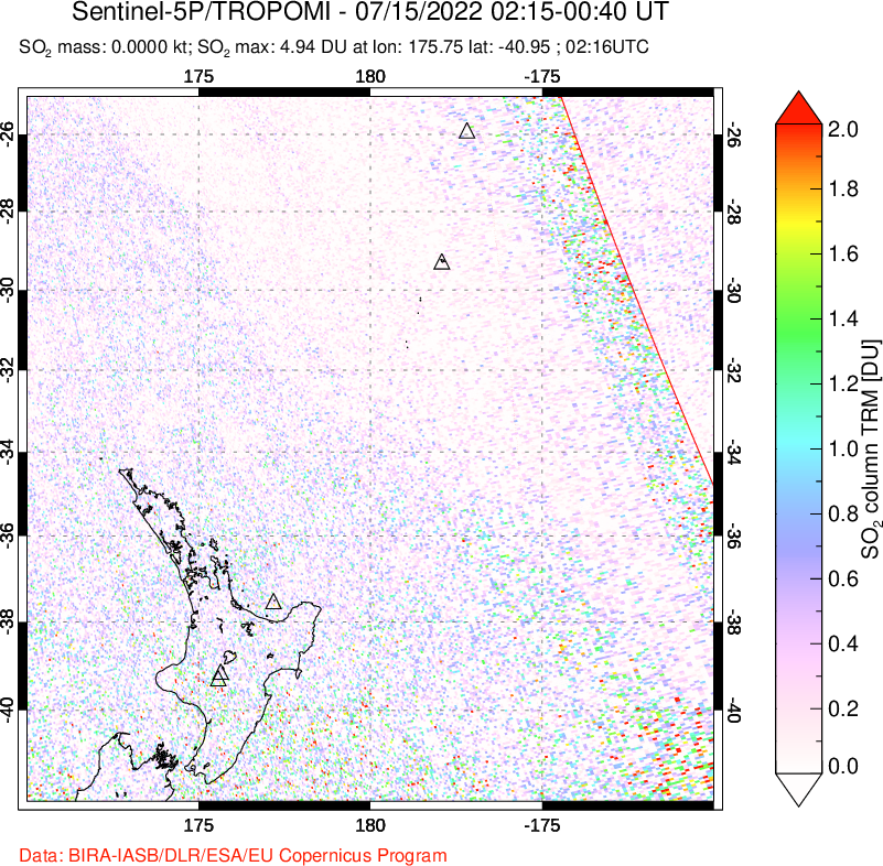 A sulfur dioxide image over New Zealand on Jul 15, 2022.