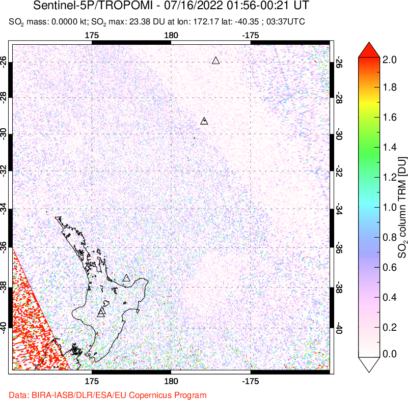 A sulfur dioxide image over New Zealand on Jul 16, 2022.