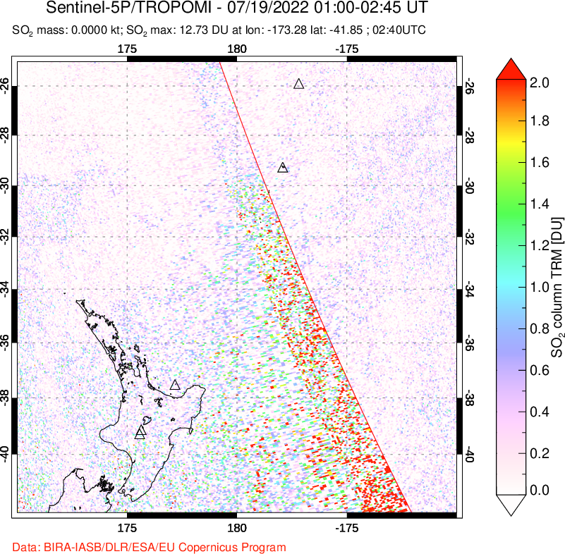 A sulfur dioxide image over New Zealand on Jul 19, 2022.