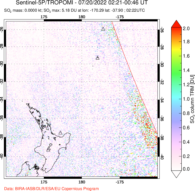 A sulfur dioxide image over New Zealand on Jul 20, 2022.