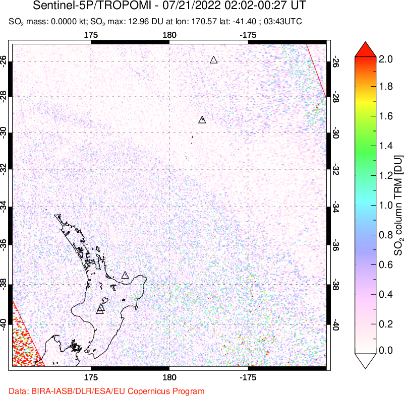A sulfur dioxide image over New Zealand on Jul 21, 2022.