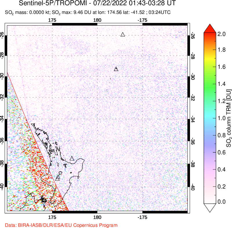 A sulfur dioxide image over New Zealand on Jul 22, 2022.