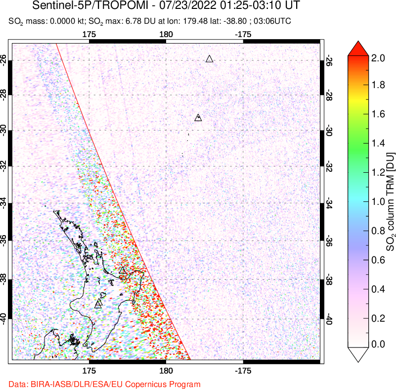 A sulfur dioxide image over New Zealand on Jul 23, 2022.