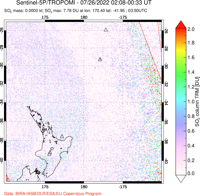 A sulfur dioxide image over New Zealand on Jul 26, 2022.
