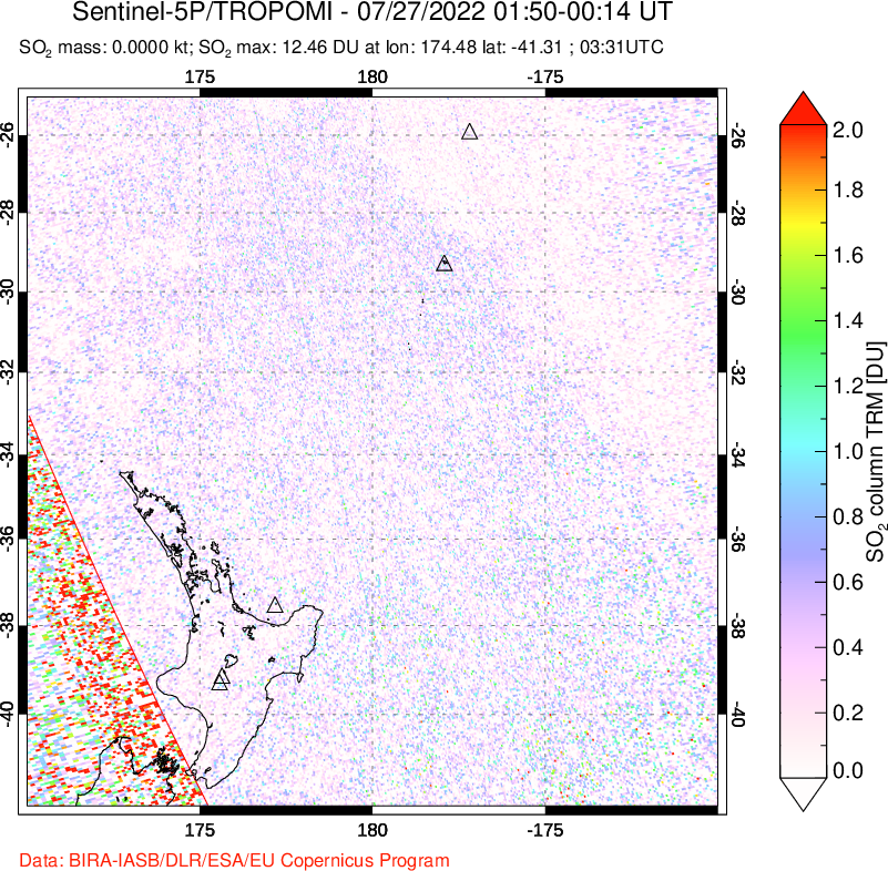 A sulfur dioxide image over New Zealand on Jul 27, 2022.