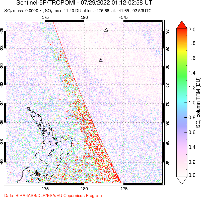 A sulfur dioxide image over New Zealand on Jul 29, 2022.