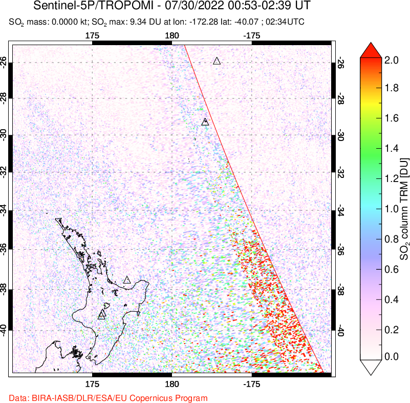 A sulfur dioxide image over New Zealand on Jul 30, 2022.