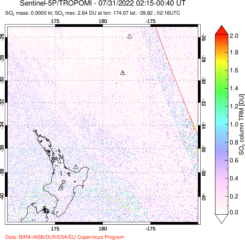 A sulfur dioxide image over New Zealand on Jul 31, 2022.