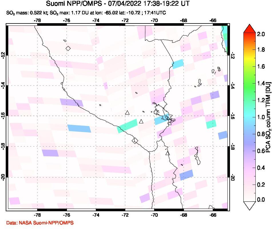 A sulfur dioxide image over Peru on Jul 04, 2022.