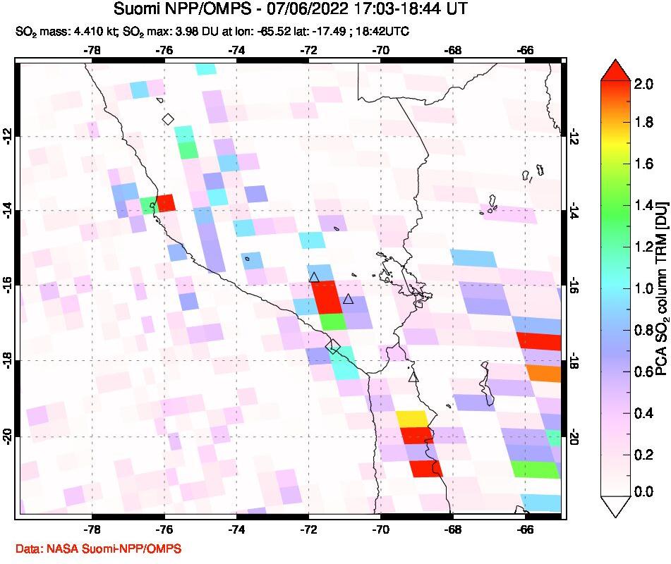 A sulfur dioxide image over Peru on Jul 06, 2022.