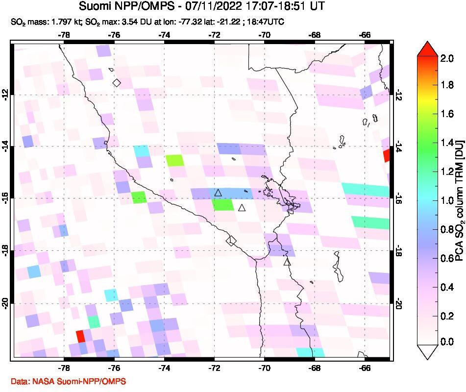 A sulfur dioxide image over Peru on Jul 11, 2022.