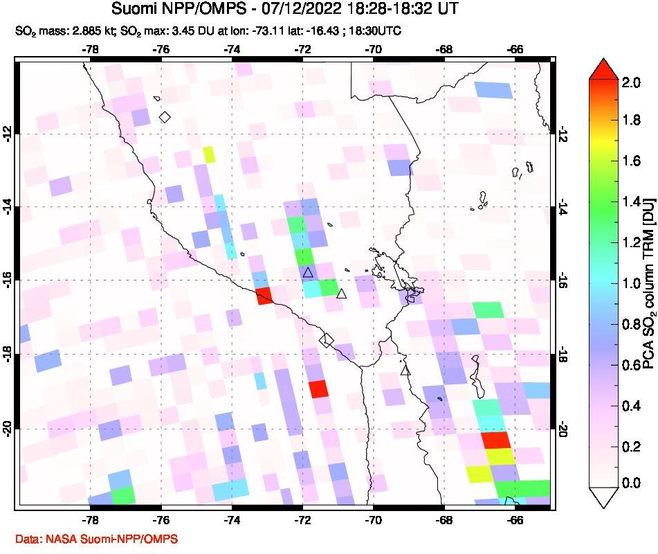 A sulfur dioxide image over Peru on Jul 12, 2022.