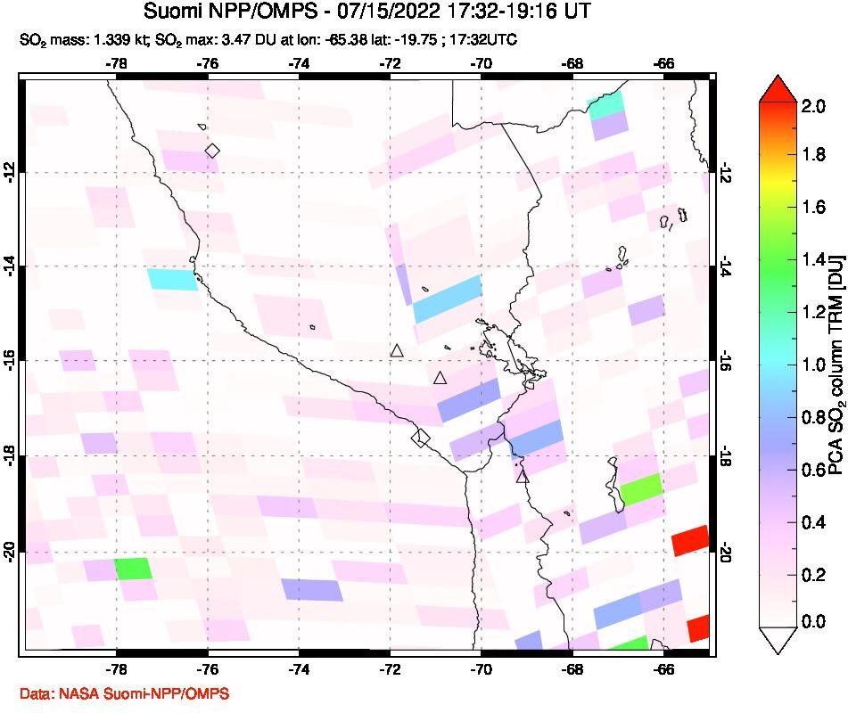 A sulfur dioxide image over Peru on Jul 15, 2022.