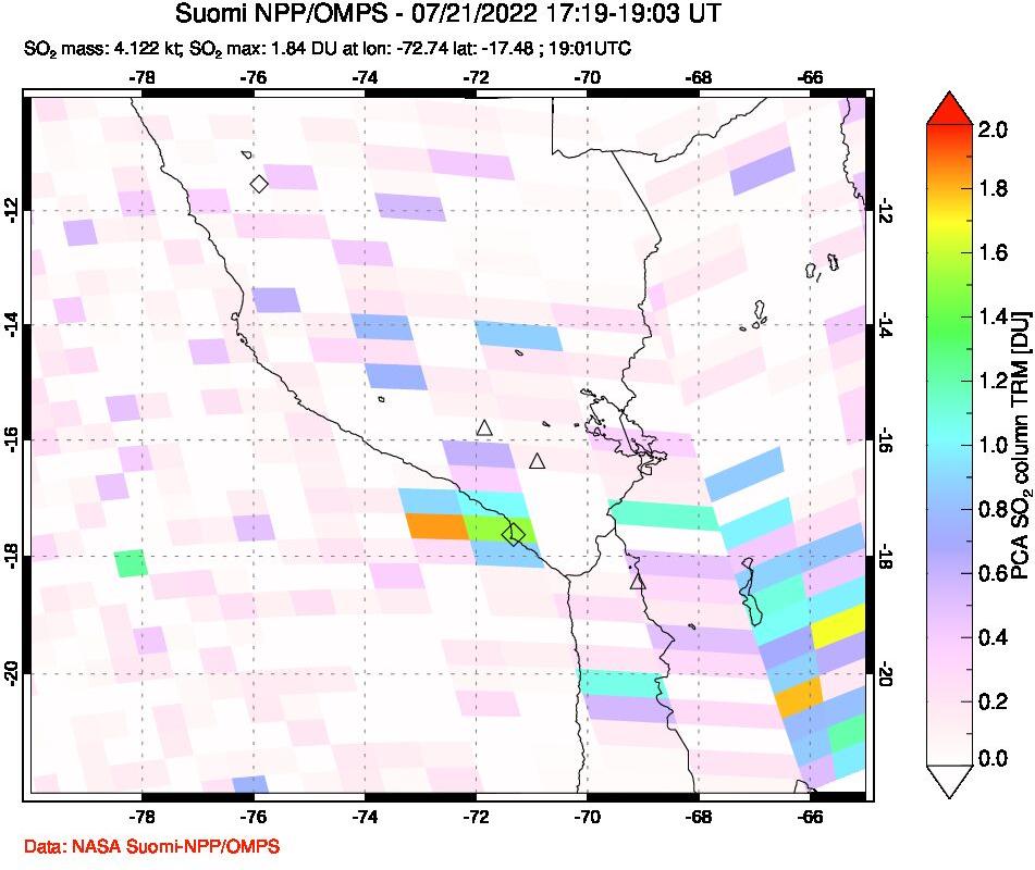 A sulfur dioxide image over Peru on Jul 21, 2022.